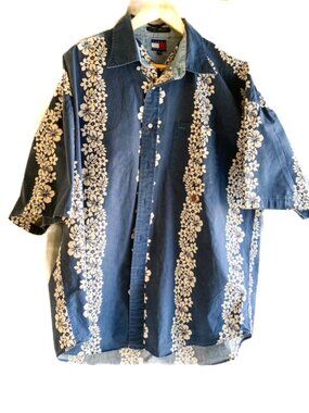 Tommy Hilfiger Hawaiian Cotton Camp Shirt Dark Blue with White Hibiscus Mens XL